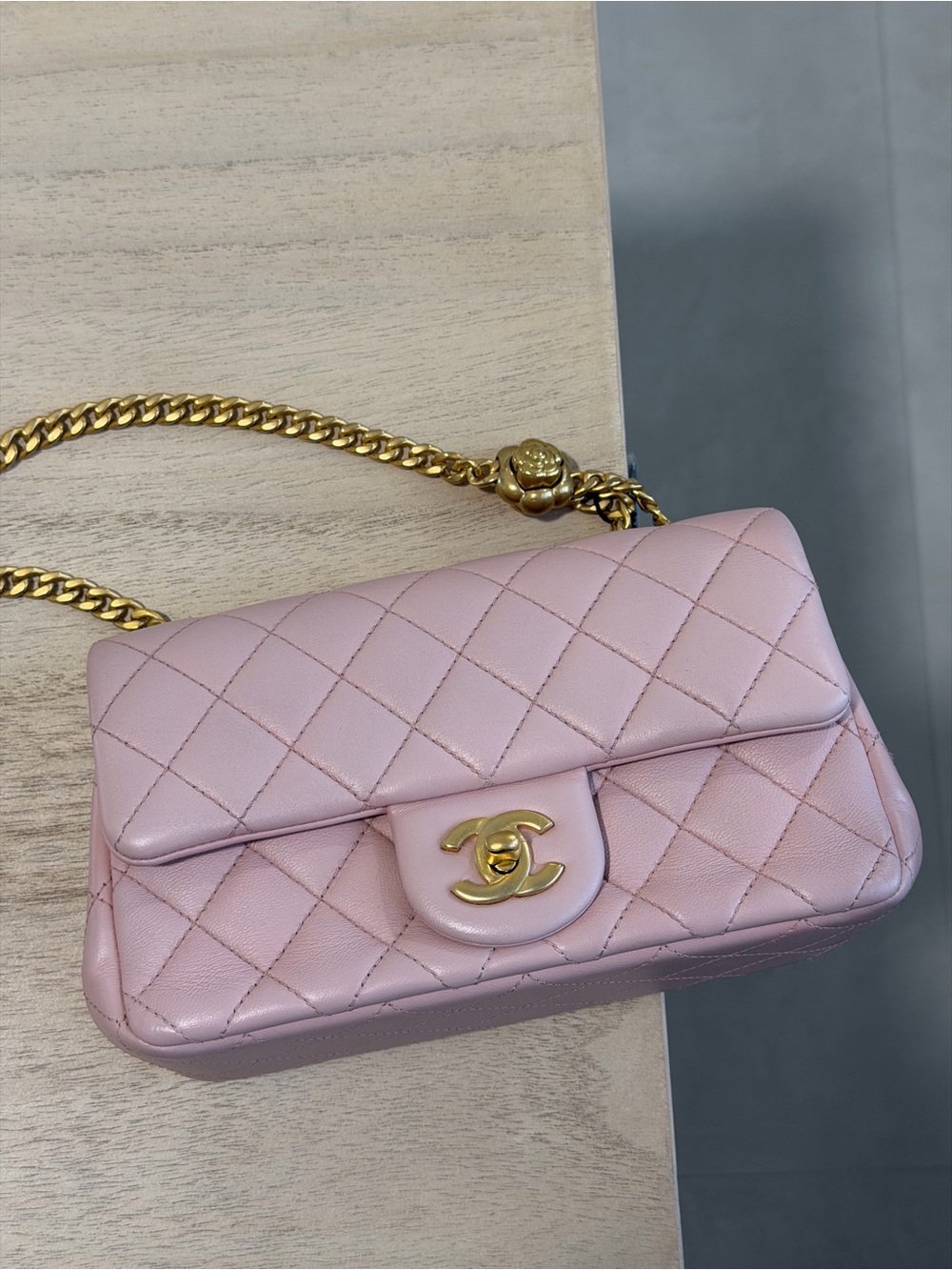 CHANEL Pearl Crush Classic Flap Small Light Pink Lambskin Vintage Gold Hardware